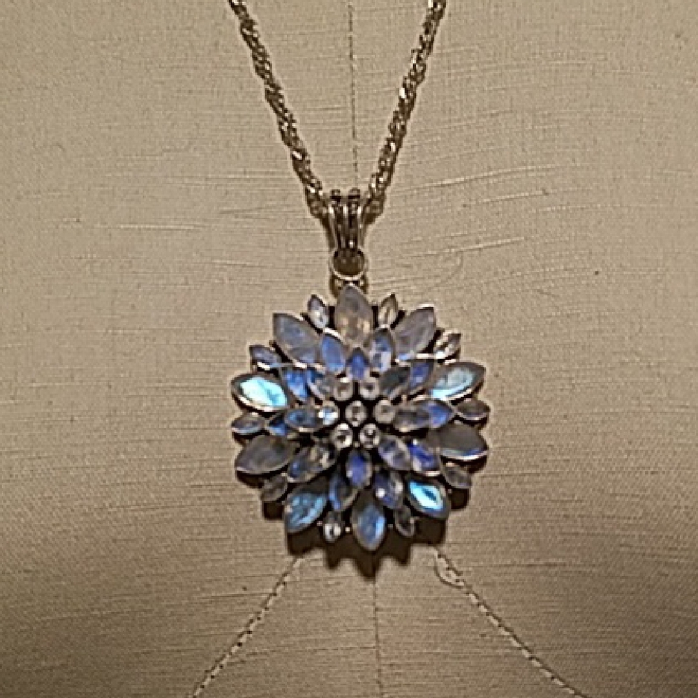 Rainbow Moonstone and genuine sterling silver floral pendant necklace